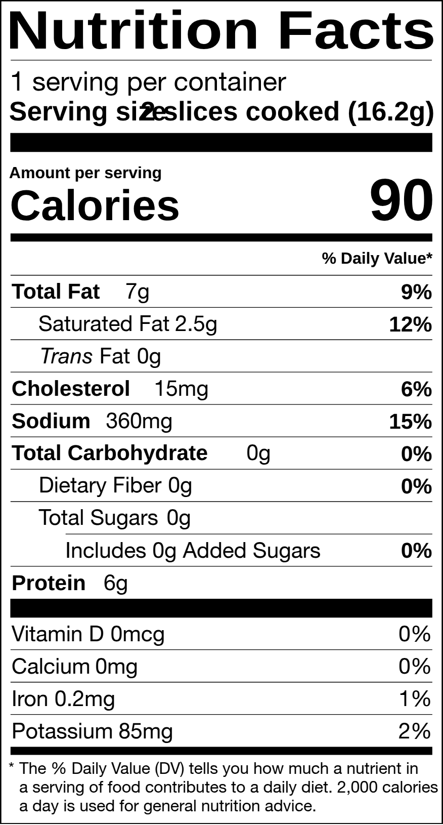 Nutrition Facts label for two slices of cooked bacon showing the sodium line