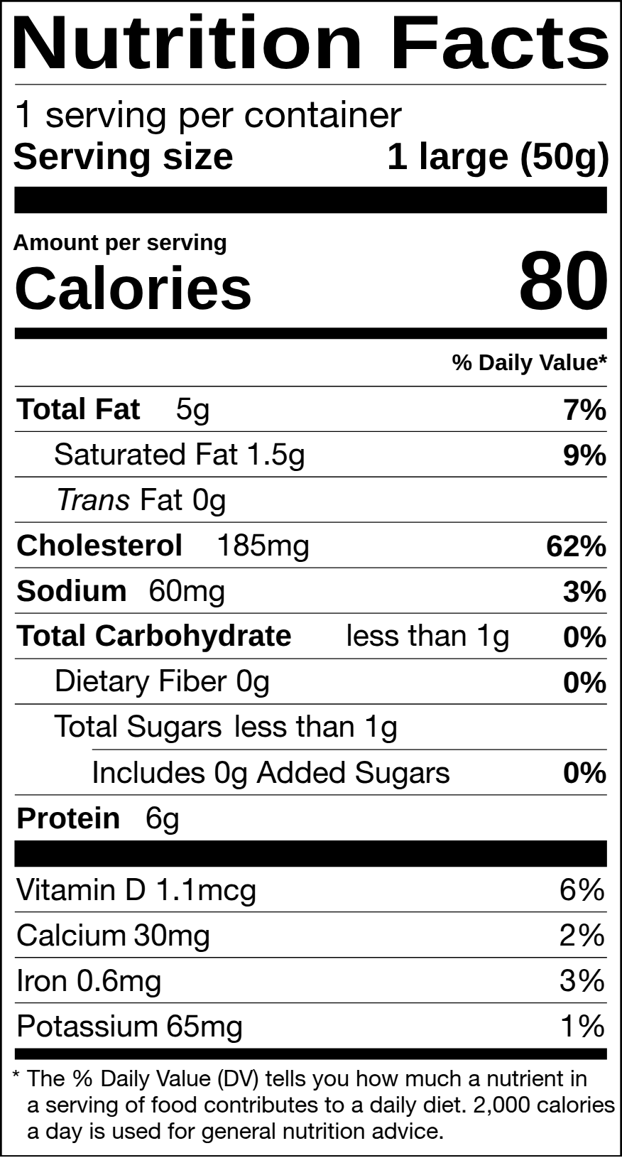 Nutrition Facts label for one large egg showing cholesterol and vitamin D percent Daily Values