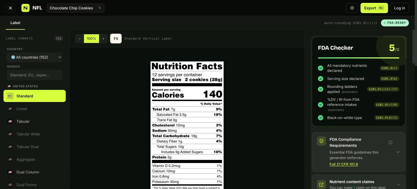 The nutrition label generator: format rail on the left, the live Nutrition Facts label in the middle, the FDA checker on the right