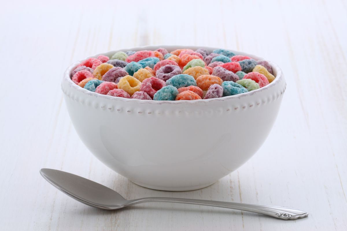 Bowl of colorful sugary breakfast cereal