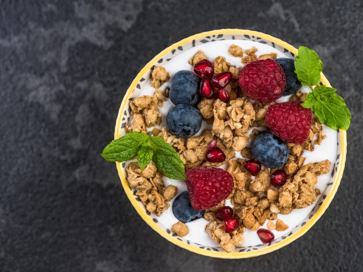 A bowl of yogurt topped with berries and granola
