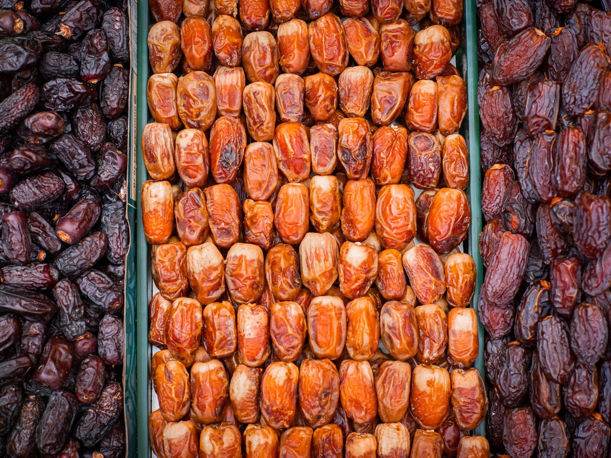 Rows of fresh dates on display at a Gulf market