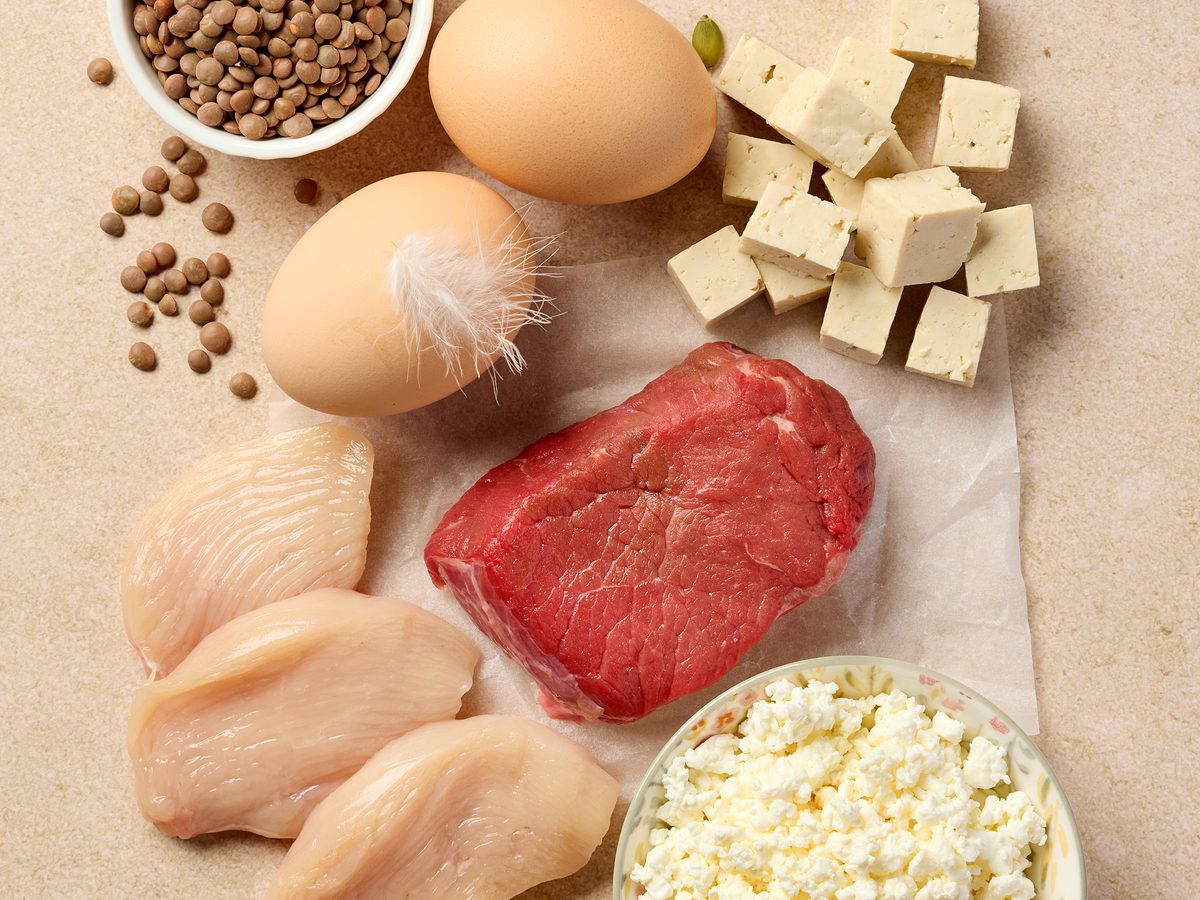 Eggs, lentils, tofu, chicken, beef and cottage cheese laid out together